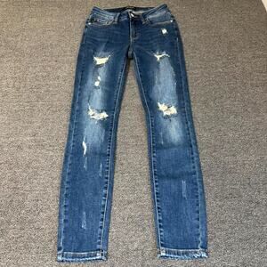 Judy Blue Skinny Fit Jeans Women's 1/25 Blue Denim Distressed Mid Rise Boho Twee